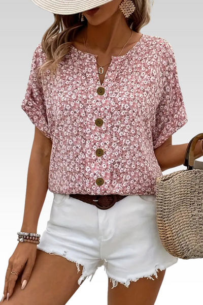Sarah | Lekka Bluzka z Kwiatowym Wzorem i Detalami z Drewnianych Guzików